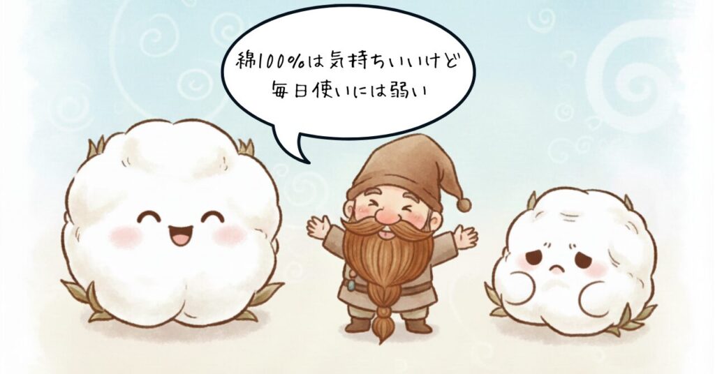 綿100％素材のふわふわキャラと、毎日使われて弱った綿キャラが並び、ドワーフが『綿100％は気持ちいいけど毎日使いには弱い』と説明しているイラスト