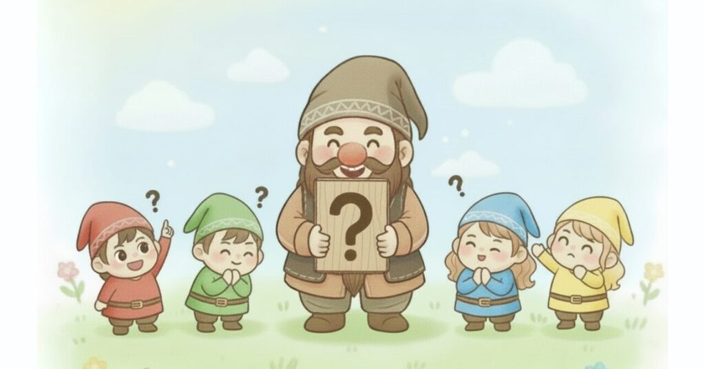 中央のドワーフが大きなクエスチョンマークの木の看板を持ち、左右に赤・緑・青・黄色の小人たちが楽しそうかつ不思議そうに「？」を浮かべているイラスト。