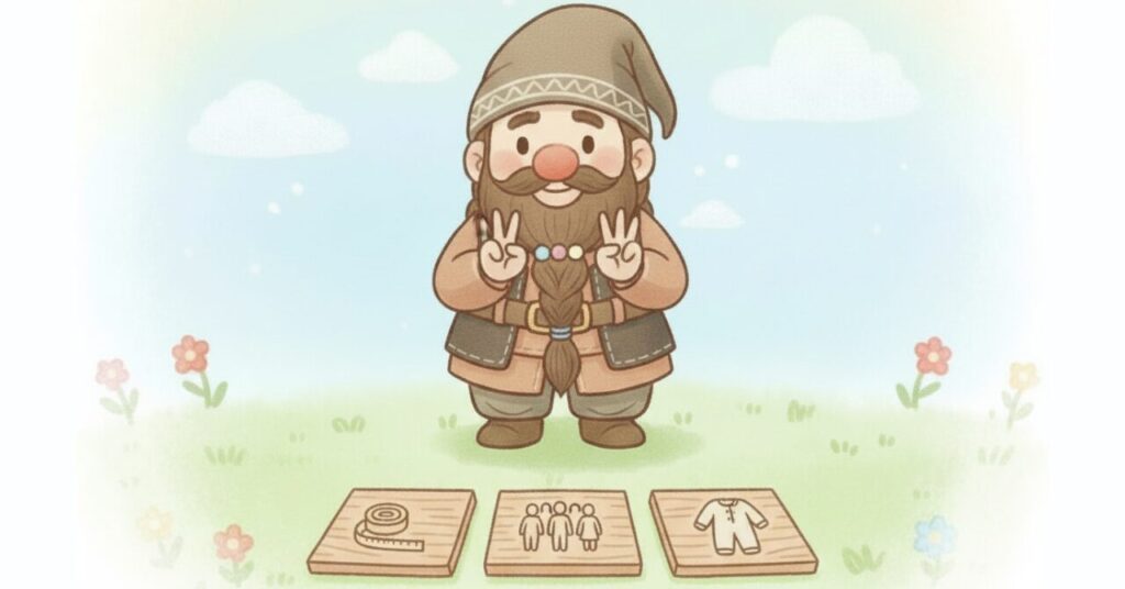 ドワーフが指を3本立てて大事な3つのポイントを示し、足元にはメジャー・体型シルエット・ウェアを描いた木製プレートが並んでいるイラスト。背景は草原で柔らかい雰囲気。