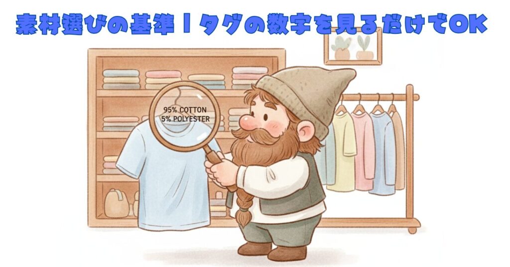 ドワーフが服屋でタグをルーペで確認し、素材表記「95% COTTON・5% POLYESTER」をチェックしている様子のイラスト