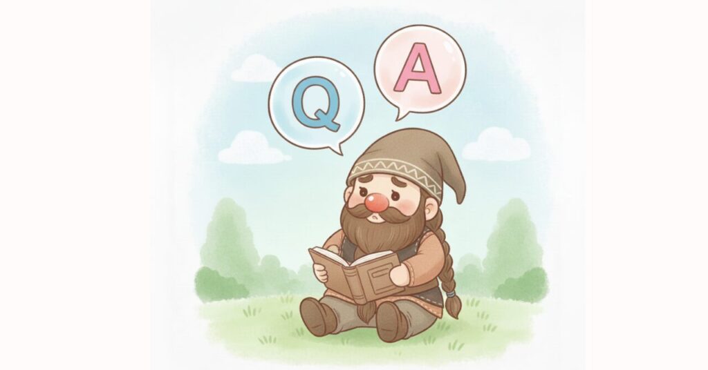 本を開いて座るドワーフの頭上に「Q」と「A」の吹き出しが浮かんでいるイラスト。FAQを表現したやさしい雰囲気の見出し画像。