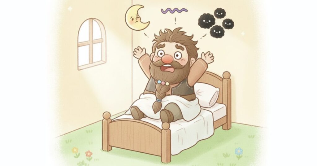 朝、寝起きに驚くドワーフの頭の周りに、しぼんだ月・波形・黒いもやが浮かび、40代の疲れが取れない原因をコミカルに表現したイラスト。