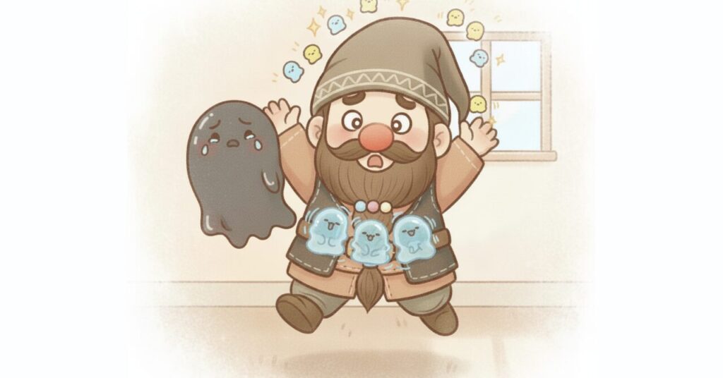 自律神経が乱れて体の不調キャラに囲まれ、驚くドワーフが室内でオロオロしているイラスト