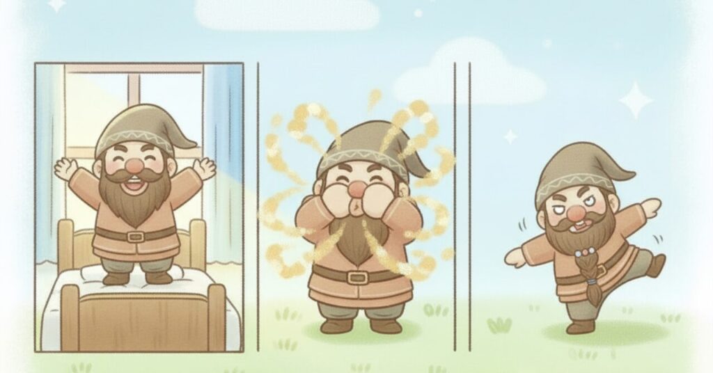 朝日を浴びる・深呼吸する・軽い運動の動作を3コマで実践するドワーフのイラスト。タイプ別の疲れ対処をコミカルに表現している。