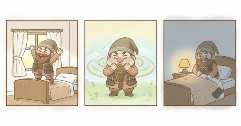 朝日を浴びるドワーフ、深呼吸するドワーフ、寝る前にスマホを手放してリラックスするドワーフの3コマで、自律神経ケアの基本を表現したイラスト。
