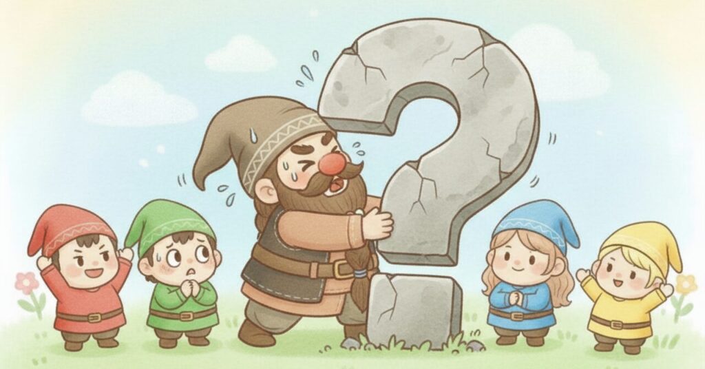 巨大な「？」の石像を必死に押すドワーフと、4人の小人が応援しているコミカルなイラスト。Q&Aコーナーを楽しく表現した構図。