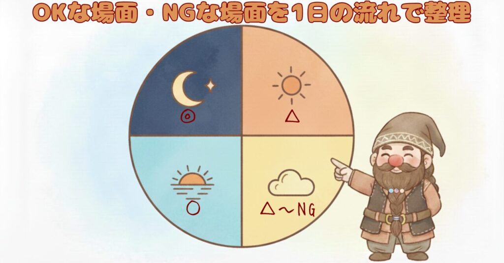 リカバリーウェアのOKな時間帯・注意すべき時間帯を円グラフで示し、ドワーフが指差して説明しているイラスト