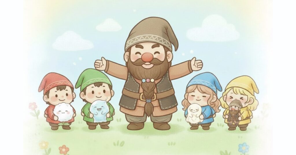 ドワーフを中心に、小人たちが綿・水・柔らかい布・ドワーフの素材キャラを手に持って並んでいるイラスト。4ブランドの素材や特徴をイメージで表現している。