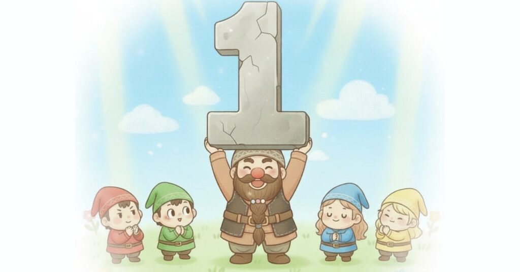 ドワーフが大きな数字の「1」を頭上で高く掲げ、4人の小人たちがまわりで嬉しそうに見守っているイラスト。まずは一つだけ行動する大切さを明るく表現している。