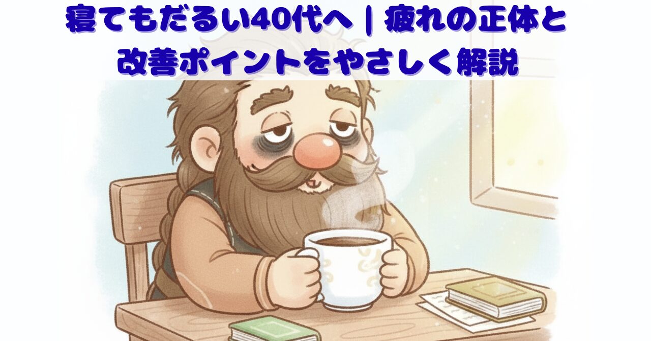 寝てもだるさが抜けない40代男性をイメージしたドワーフが、濃いクマを抱えながらコーヒーを飲んでいる様子を描いたイラスト。朝の疲労感をコミカルに表現。