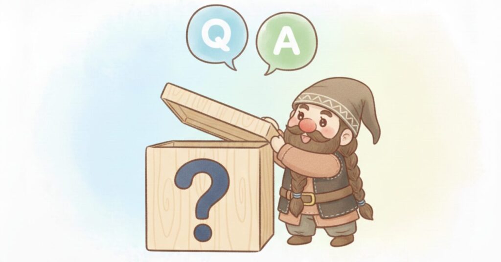 ドワーフが質問箱を開き、QとAのアイコンが浮かぶFAQ見出しイラスト