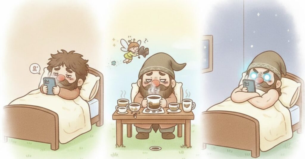 朝は布団の中でスマホを見続けるドワーフ、昼はコーヒーを何杯も飲んで眠気と戦うドワーフ、夜はスマホの光で目がギラギラして眠れないドワーフを描いた3コマイラスト。生活習慣のクセで疲れが溜まっていく様子をコミカルに表現している。