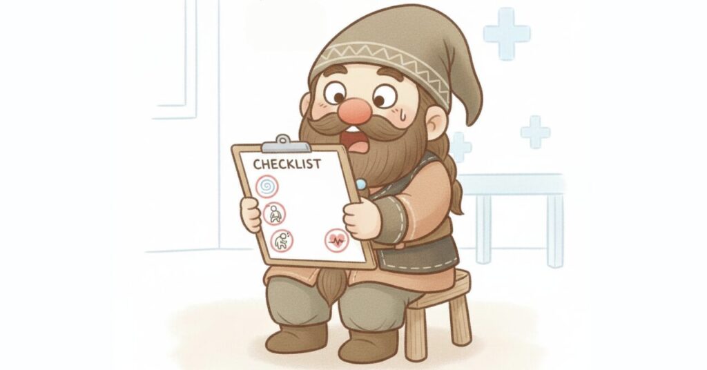 めまい・息苦しさ・極度の疲労などを示すアイコンが並んだチェックリストを見て、驚いた表情をするドワーフのイラスト。医療機関を受診したほうがよいサインをコミカルに表現している。