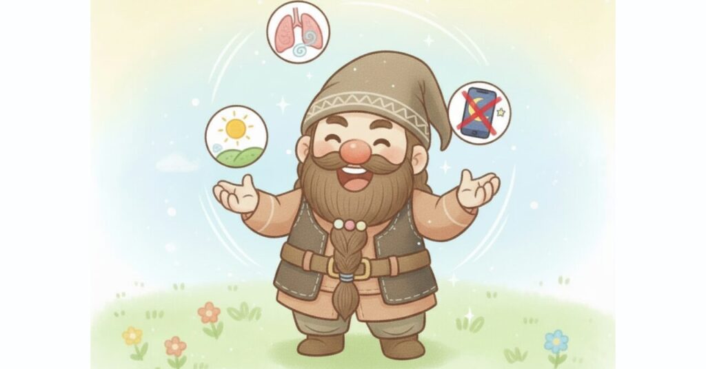 ドワーフが深呼吸・朝日を浴びる・寝る前のスマホOFFの3つの改善ポイントを楽しそうにジャグリングしている様子のイラスト。