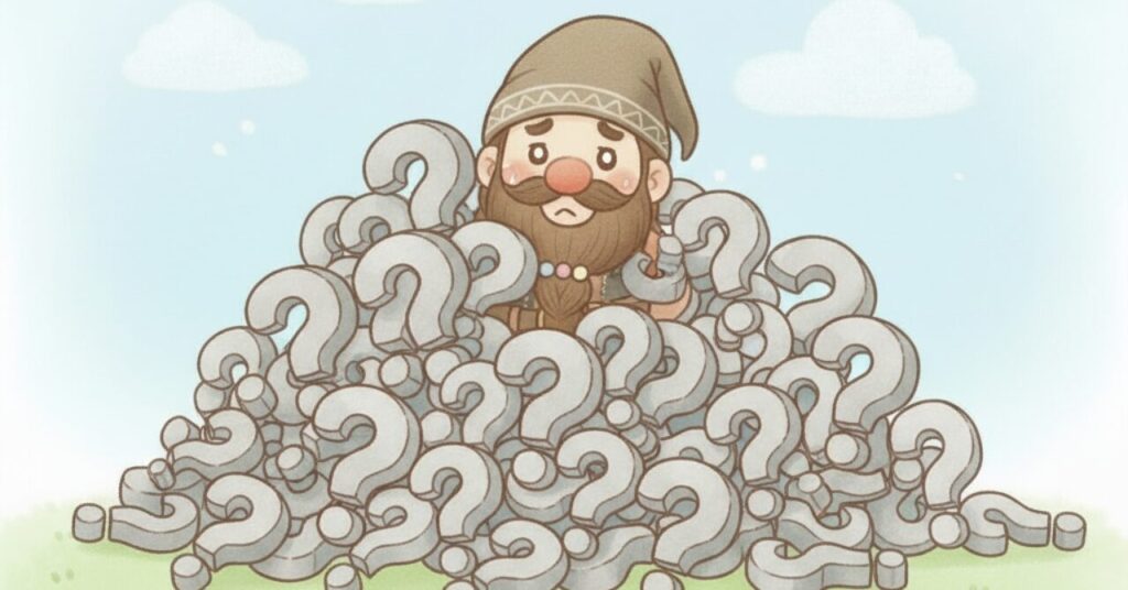 「？」の山に埋もれて困り顔のドワーフが顔を出しているコミカルなイラスト。FAQの見出し用。