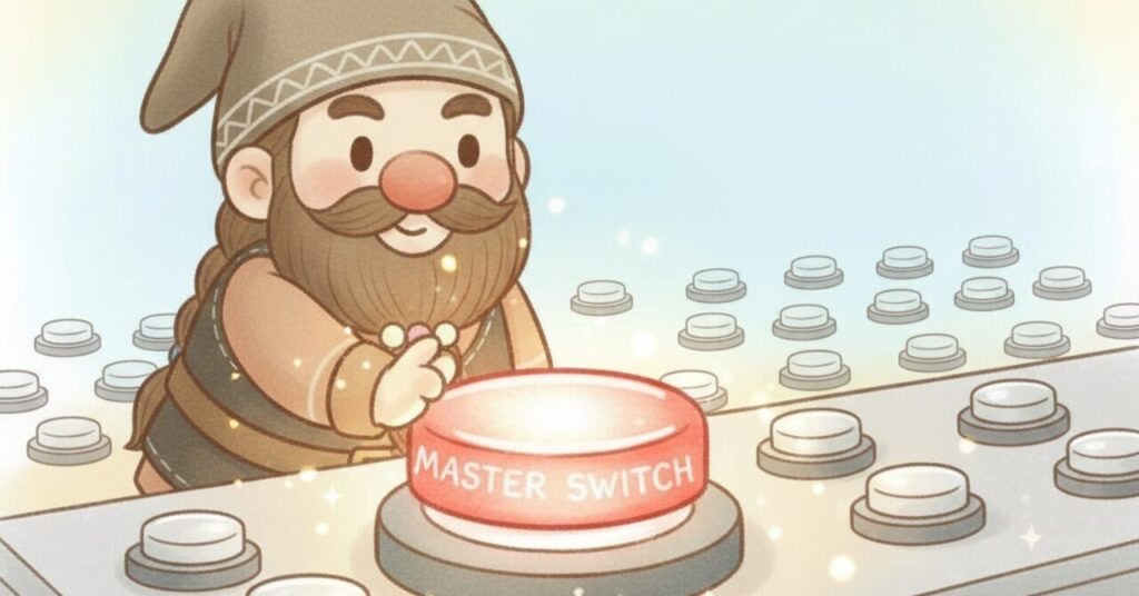 巨大な「1」のスイッチを押そうとするドワーフのコミカルなイラスト。小さなスイッチの中でひとつだけ光っている。