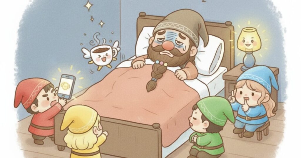 布団でぐったりするドワーフのまわりに、スマホ・コーヒー・明るいランプの妖精が現れ、小人4人が性格どおりに対応している様子を描いたイラスト。寝てもだるい原因をコミカルに表現。