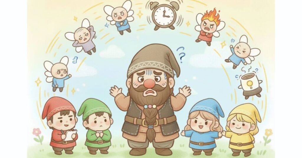 自律神経が乱れたときに現れやすい体・心・生活のサインを、妖精たちとして表現したイラスト。中央のドワーフが困った表情で立ち、小人4人がそれぞれの性格どおりに反応している様子。