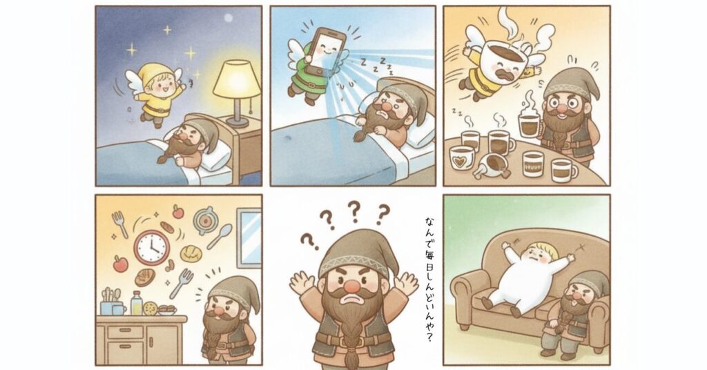 40代が寝てもだるくなりやすい原因として、夜更かし・スマホの見すぎ・カフェイン過多・不規則な食事・運動不足の5つを、ドワーフと妖精たちが5コマのイラストでコミカルに表現している画像。