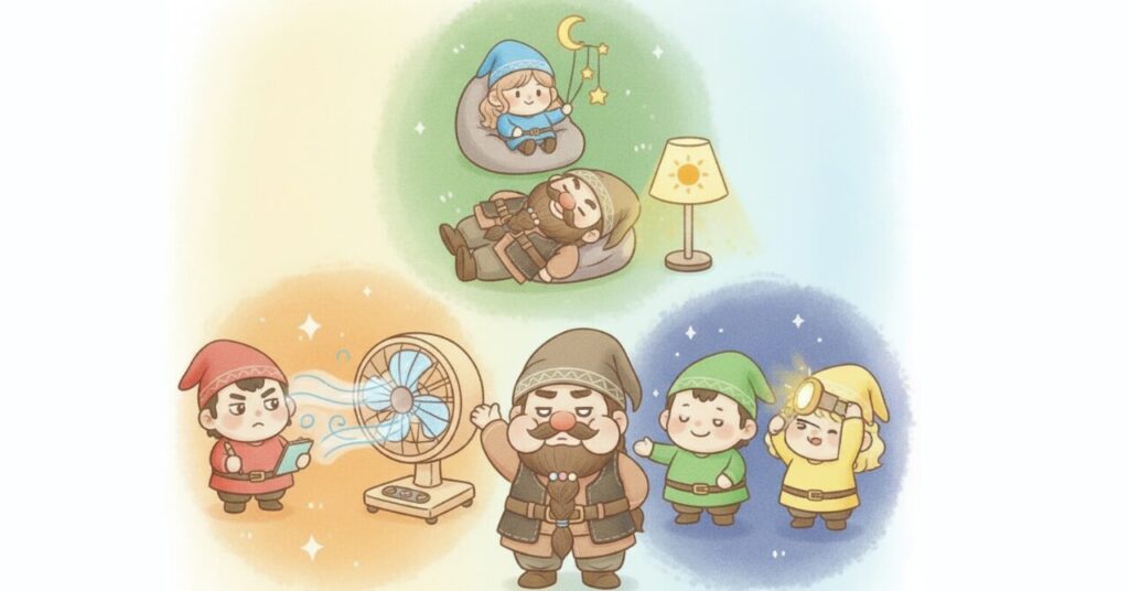 ドワーフが深呼吸・朝日リズム・夜のリラックスの3つのコツを、小人4人（赤＝真面目の男の子、緑＝控えめの男の子、青＝落ち着いた女の子、黄色＝天然ボケの女の子）にサポートされながら実践している様子のイラスト。扇風機の前で深呼吸、朝日ライトでのリズム調整、ビーズクッションでの夜リラックスがコミカルに描かれている。