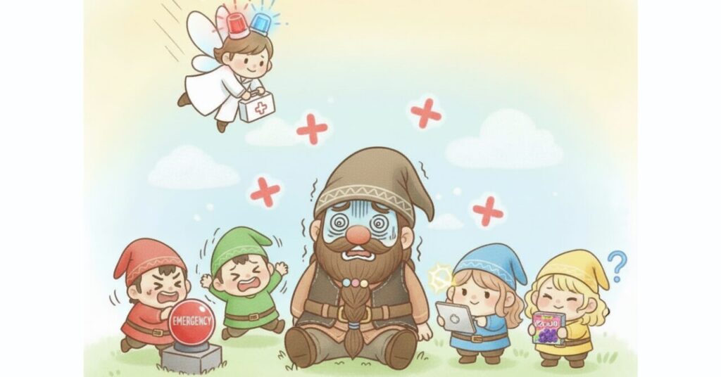 限界状態でぐったりしたドワーフを中心に、赤の小人（真面目な男の子）が非常ボタンを押し、緑の小人（控えめな男の子）が慌て、青の小人（落ち着いた女の子）がタブレットで状況確認し、黄色の小人（天然ボケの女の子）がなぜかお菓子を持って困惑している。空からは白衣姿の医療の妖精が救急箱を持って飛んできているコミカルなイラスト。