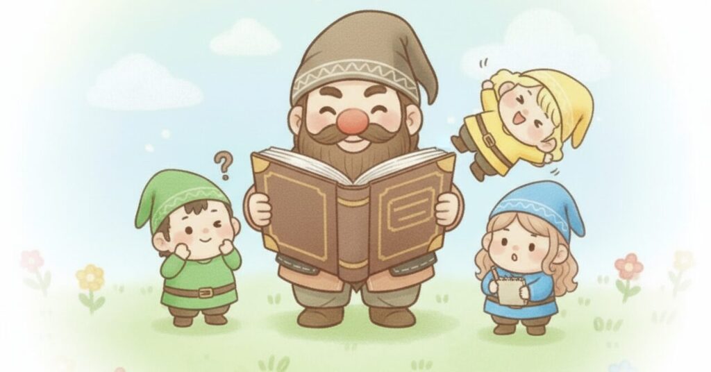 ドワーフが大きな本を開いて説明し、小人たちが質問したりメモを取ったりしている様子を描いたFAQ用のイラスト。黄色の小人きいろんは本の上で元気に飛び跳ねている。