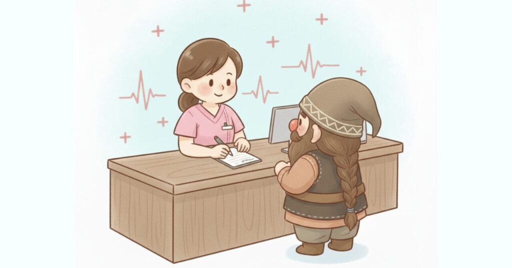 体調の不安を感じたドワーフが、病院の受付で医療スタッフに相談している様子を描いたイラスト。背景には心電図風のマークがあり、医療機関での相談を表現。
