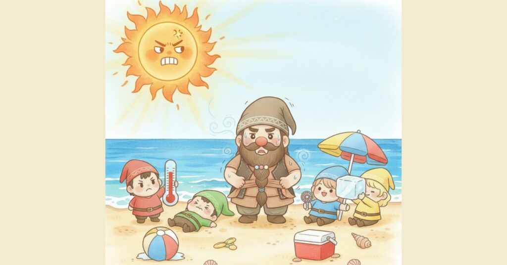 海辺でドワーフと小人たちが暑さに苦戦しながら、温度計や扇風機、氷などでムレ対策をしているコミカルな夏のイラスト。