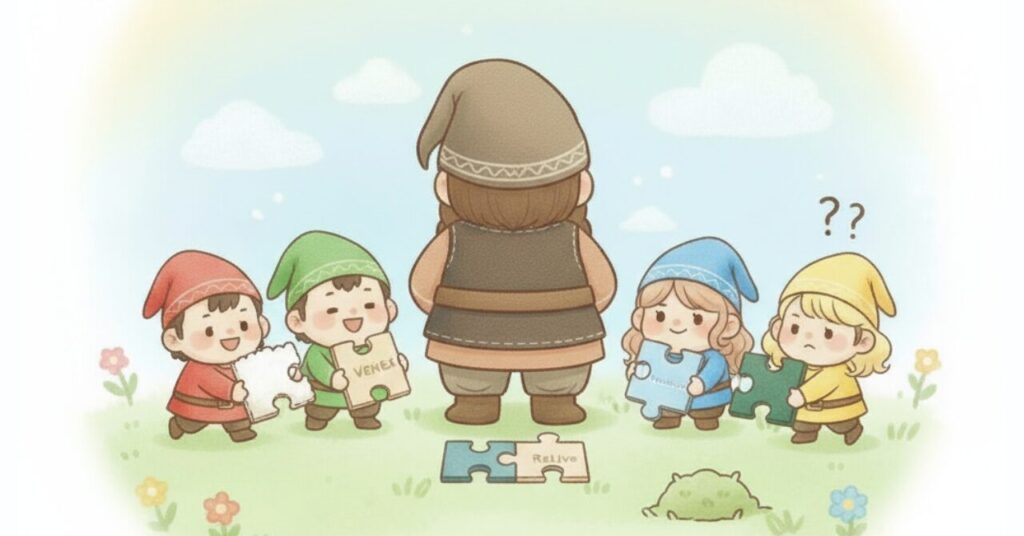 小人たちが4つのブランドのパズルピースを運び、ドワーフが中央で見守っているイラスト