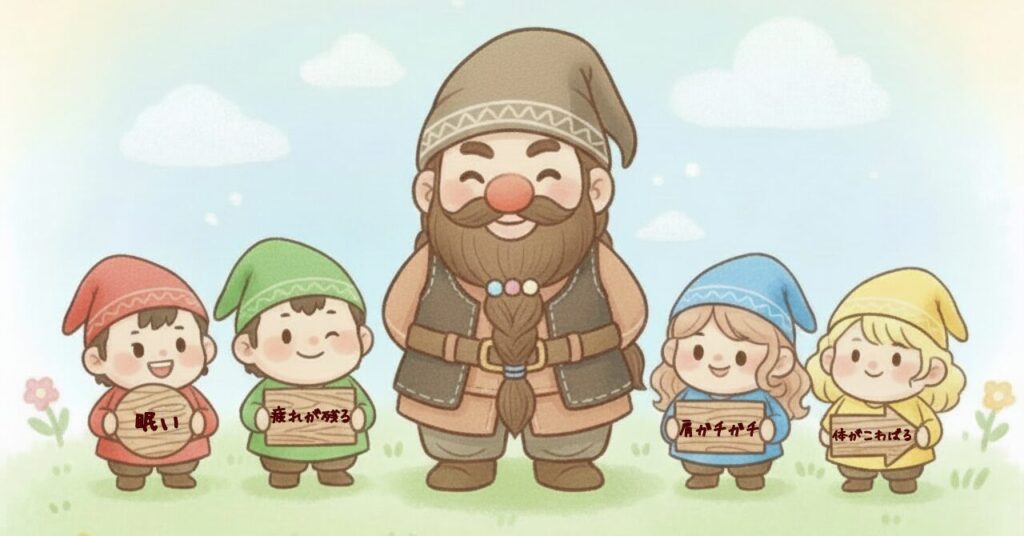 ドワーフと4人の小人が、眠い・疲れが残る・肩がこる・体がだるいなどの悩みを看板に持って並んでいるイラスト