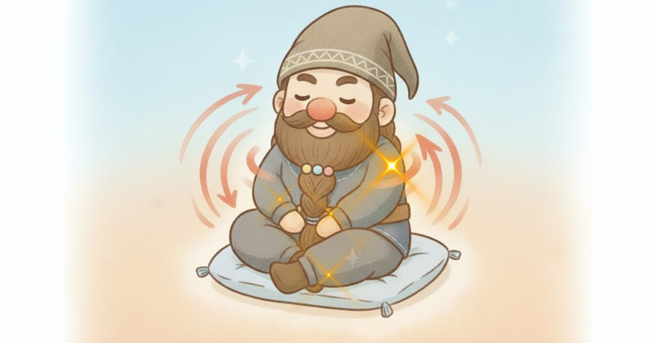 リカバリーウェアを着たドワーフが遠赤外線のような温かい波に包まれ、じんわり回復している様子を描いたイラスト