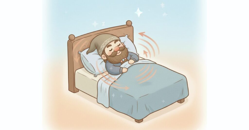 リカバリーウェアを着たドワーフがベッドで心地よく眠り、体のまわりに広がる温かい波紋で“着て寝るだけで楽になる”感覚を表現したイラスト