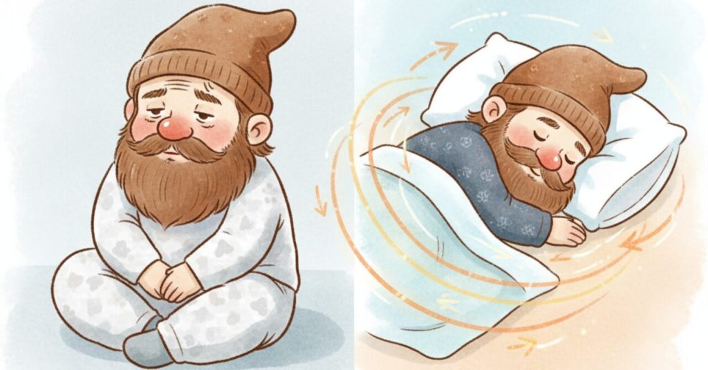 普通のパジャマを着て疲れた表情で座るドワーフと、リカバリーウェアを着てベッドで心地よく眠り、体のまわりに温かい波紋が広がるドワーフを並べて“違い”を表現した比較イラスト