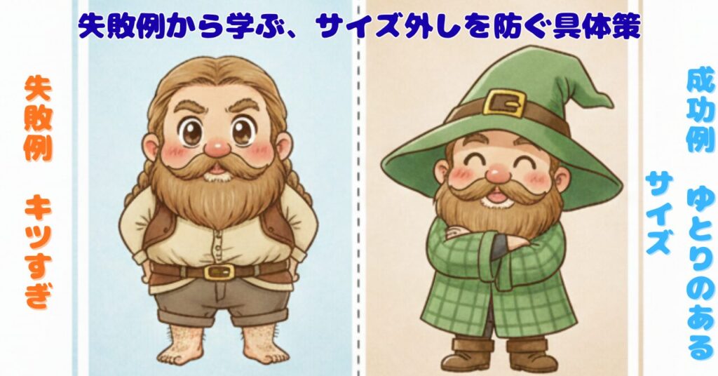 小さいサイズで失敗したドワーフと、ゆとりある成功サイズを比べたイラスト