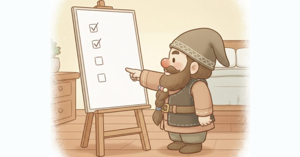 ドワーフがホワイトボードに描かれたチェックリストを指し示している場面。ベネクスの特徴や安心ポイントをまとめて確認する解説セクションのための見出し画像。