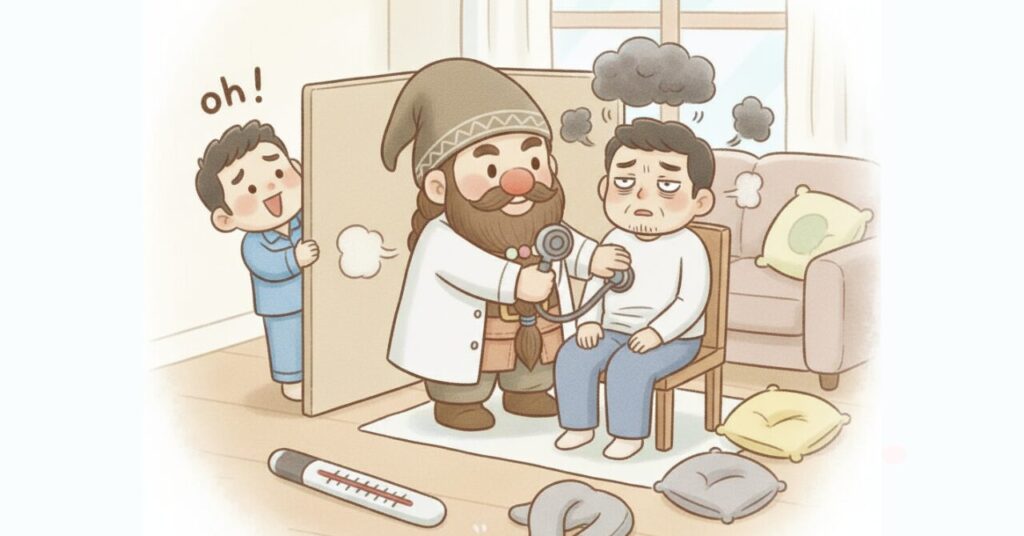 ドワーフが聴診器で疲れ顔の40代男性を診察し、合いやすい人・合いにくい人をチェックしているイラスト