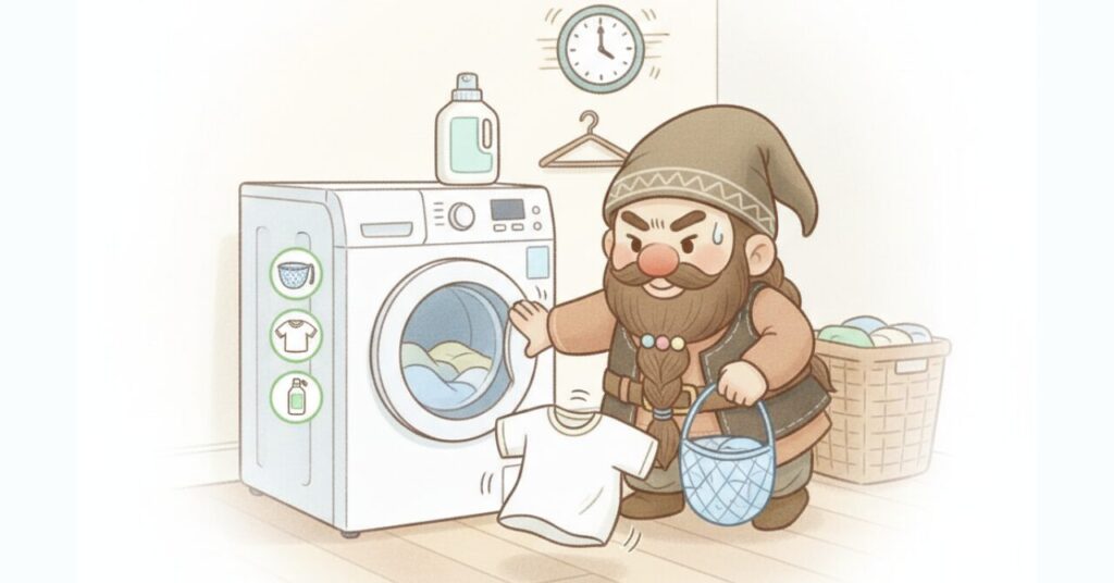 洗濯機を動かしながら洗濯ネットと服を手早く準備するドワーフと、時短を表す時計のイラスト
