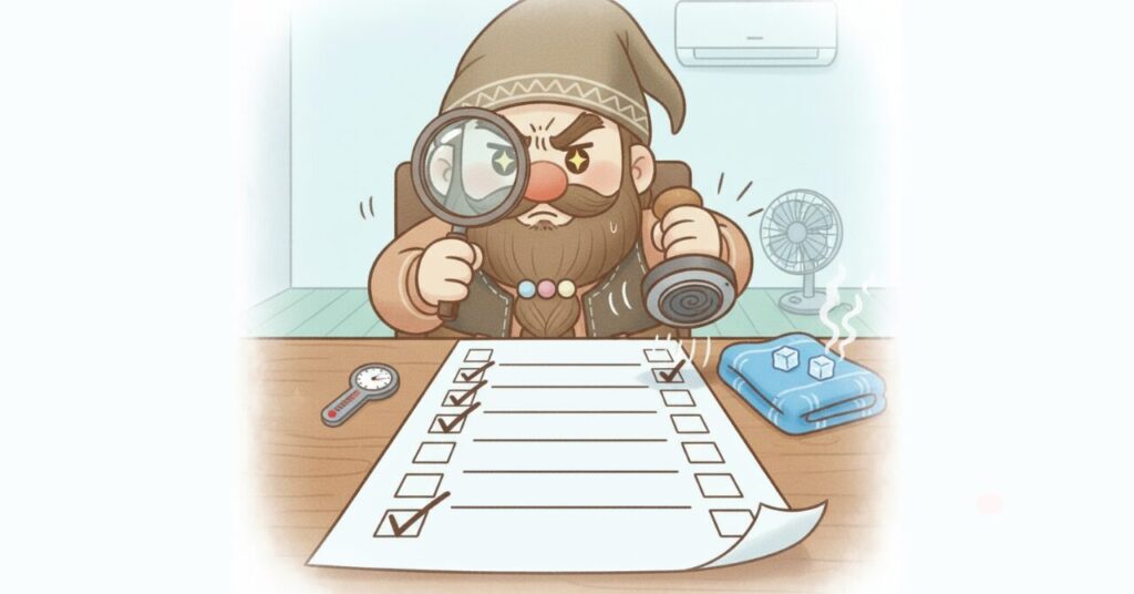 虫眼鏡でチェックリストを確認しながらハンコを持つドワーフと、横に置かれた冷感ウェアのイラスト