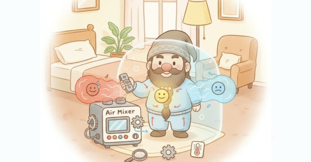 ドワーフが空気を混ぜる装置を操作し、暑い空気と寒い空気を中和して体感温度を整える仕組みを表したイラスト