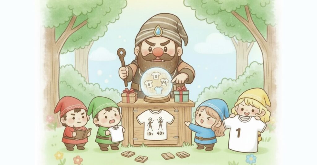 ドワーフが水晶玉を使って男性の年代・体型ごとのベネクスサイズを占うように説明し、小人たちがS〜Lの札やTシャツを持ってサイズ感を確かめているイラスト