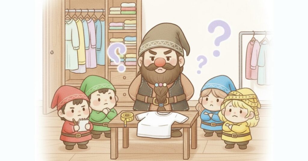 ドワーフと4人の小人がテーブルにTシャツを置き、体型や生活パターン別にサイズ選びを相談しているイラスト