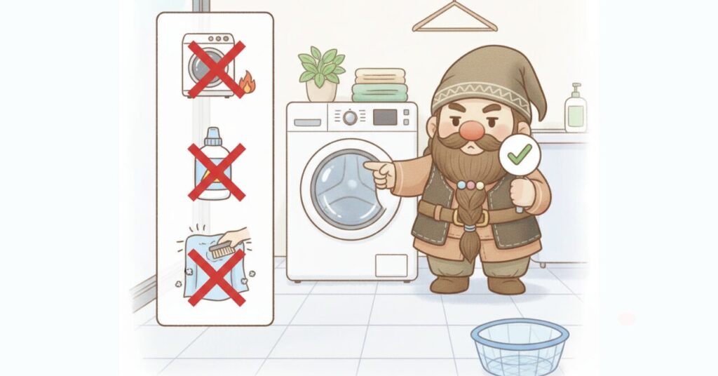 洗濯機の前でドワーフがOKサインを持ち、乾燥機・漂白剤・ゴシゴシ洗いのNG3つを指差して注意しているイラスト