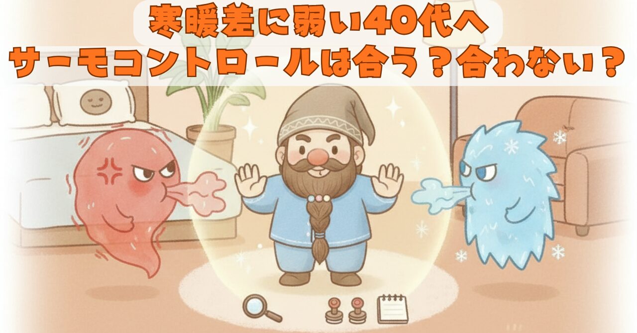 暑い赤い怪物と寒い青い怪物の間で、ドワーフがバリアの中で快適そうに立ち「サーモコントロールは合う？合わない？」と問いかけるアイキャッチ画像