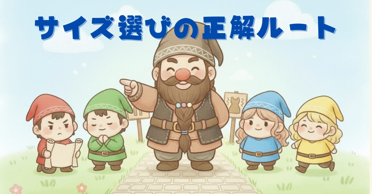 ドワーフと4人の小人が、リカバリーウェアの正しいサイズ選びの道を案内しているイラスト。キツすぎ・ブカブカを避けて最適ルートを指し示す様子。