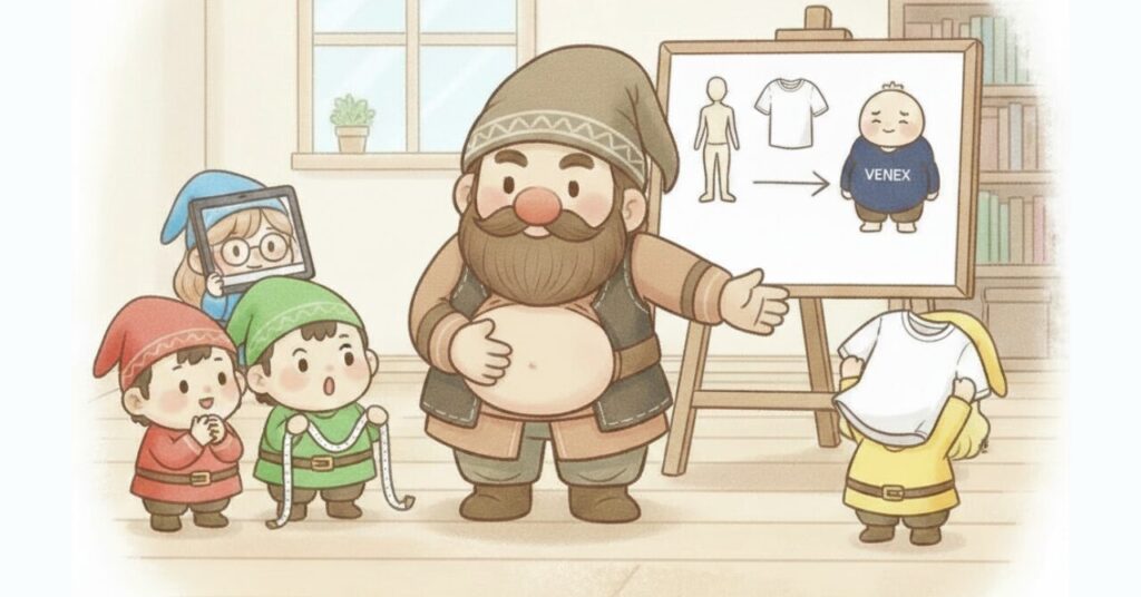 40代体型のお腹を見せながらサイズ説明をするドワーフと、ユニクロTシャツ・メジャー・体型比較ボードを使ってサイズ選びの違いを理解しようとする小人たちのコミカルなイラスト。ユニクロ基準が分かりやすい理由を面白く表現している。