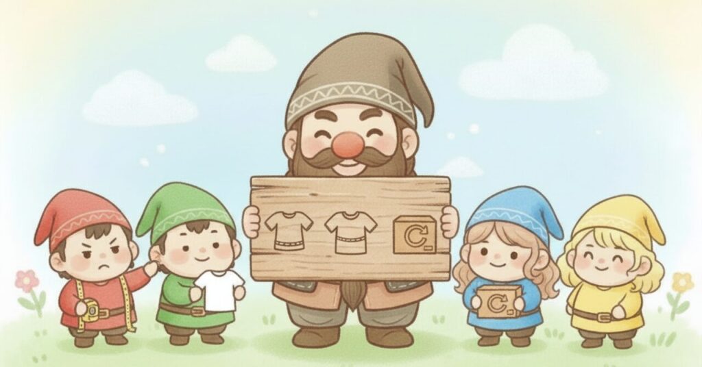 ドワーフが木のボードで「ゆとり・ユニクロ基準・返品確認」の3ステップを示し、4人の小人がそれぞれ採寸・サイズチェック・返品の箱などを持ってサポートしているイラスト。リカバリーウェアのサイズ選びの結論を視覚的に伝える場面。