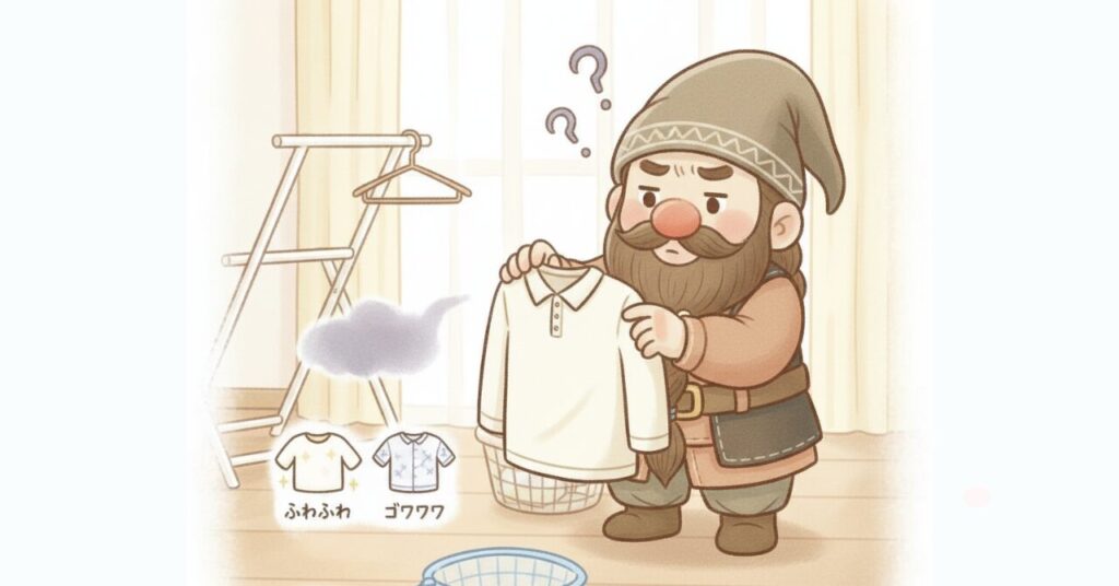 洗濯後の服を見て「前と違う?」と疑問に思うドワーフと、ふわふわ・ゴワつきの違いを示すイラスト