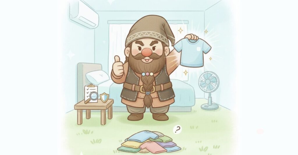 候補の服が山積みの中で、ドワーフが1着を掲げて親指を立て「これでOK」と示すイラスト