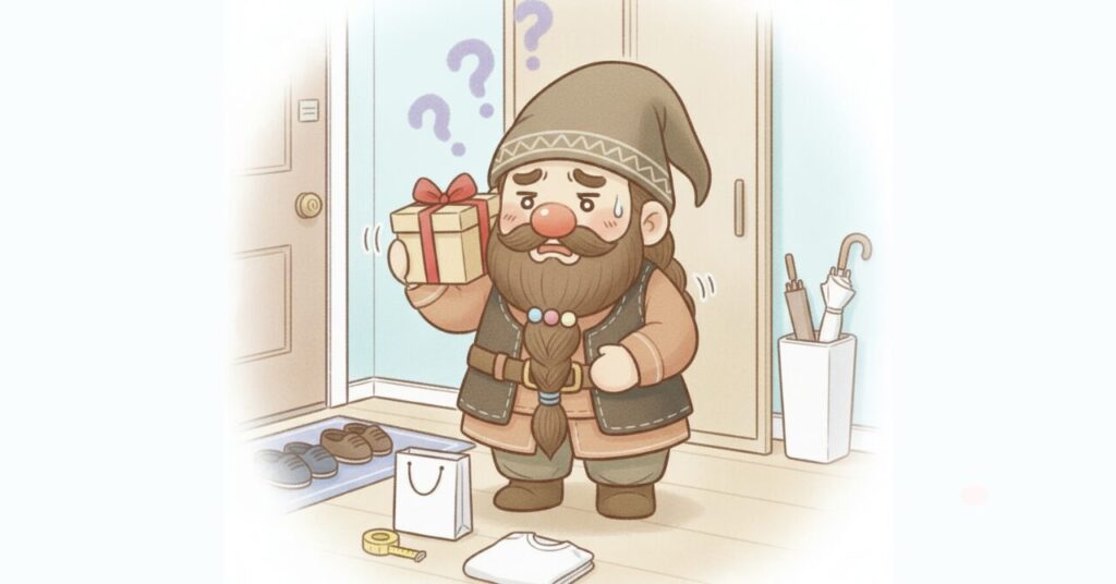ドワーフが玄関でプレゼント箱を耳に当てて悩み、家族用のサイズ選びで失敗しないコツを表したイラスト