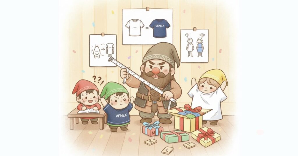 巨大メジャーを持ったドワーフがギフト用のベネクスサイズ講座を開き、小人たちが悩んだり測ったりしながらプレゼント選びに奮闘している様子のイラスト